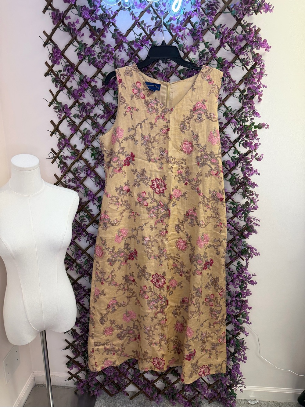 Charter Club Tan Linen Shift Dress with Pink Floral Embroidery